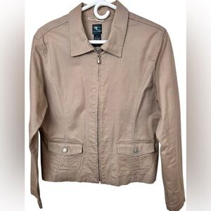 French Cuff cotton tan jacket, Large, zipper closure, collar, structured coat